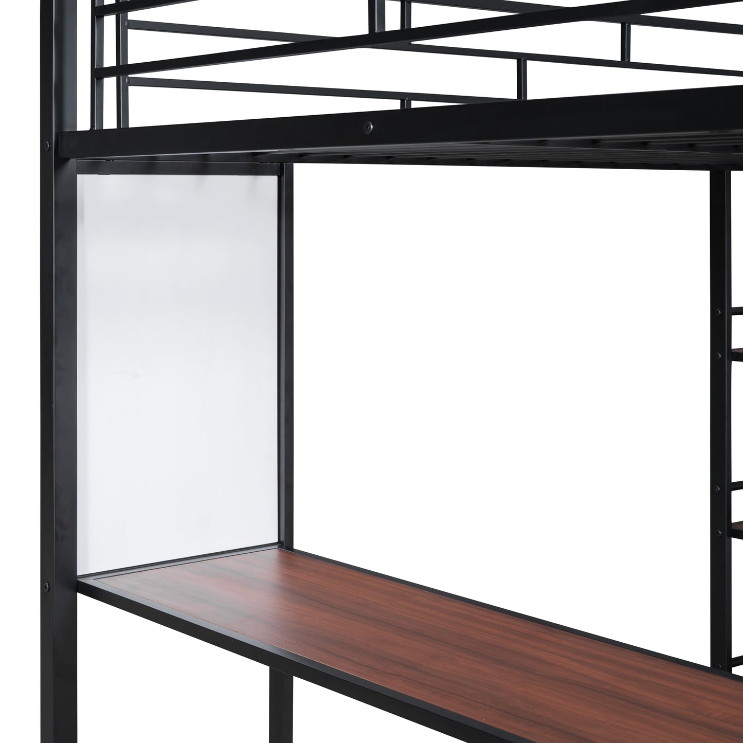 Full Size Loft Metal Bed with 3 Layers of Shelves and Desk, Stylish Metal Frame Bed with Whiteboard, Black