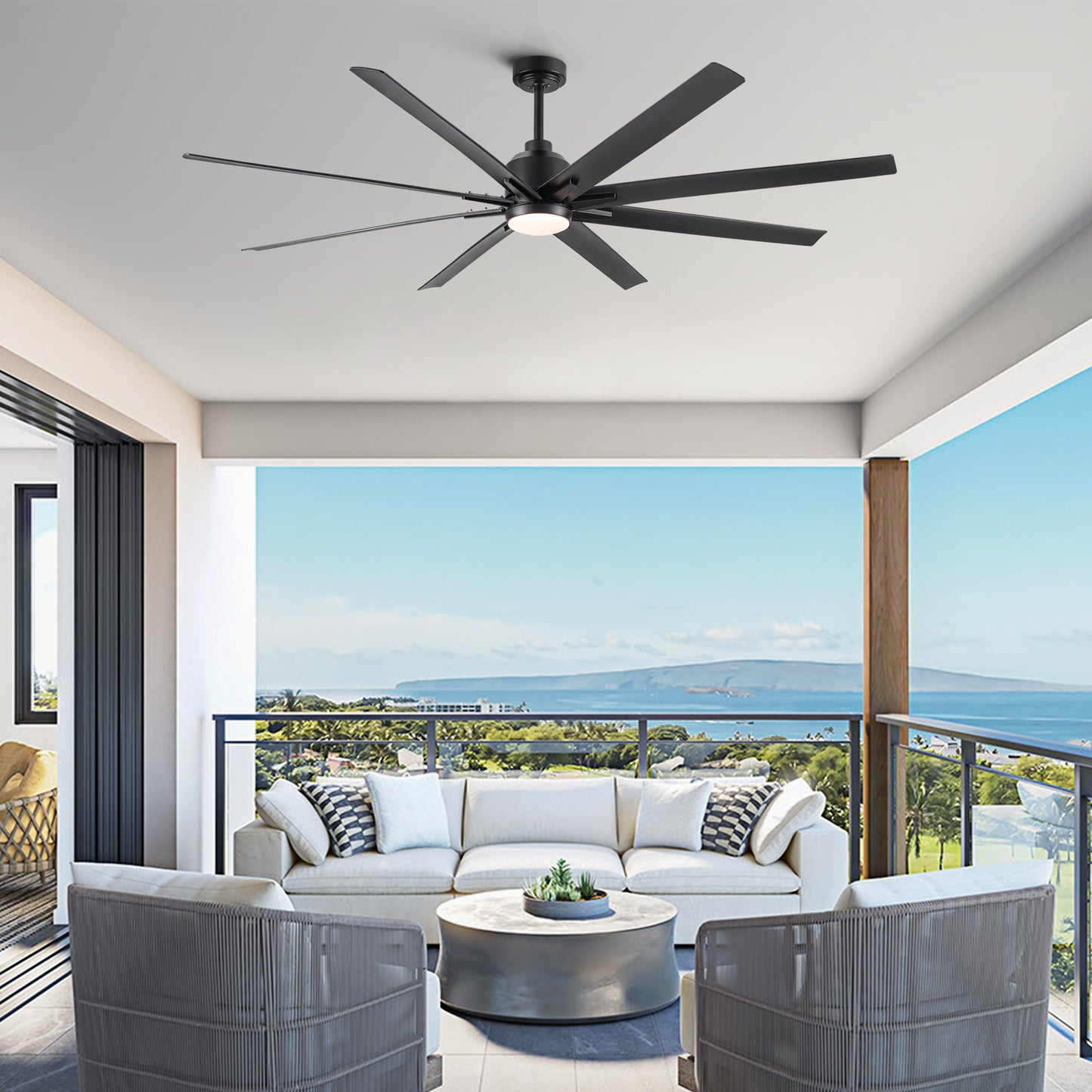 72-Inch Large Ceiling Fan with Integrated LED Light and Black ABS Blades