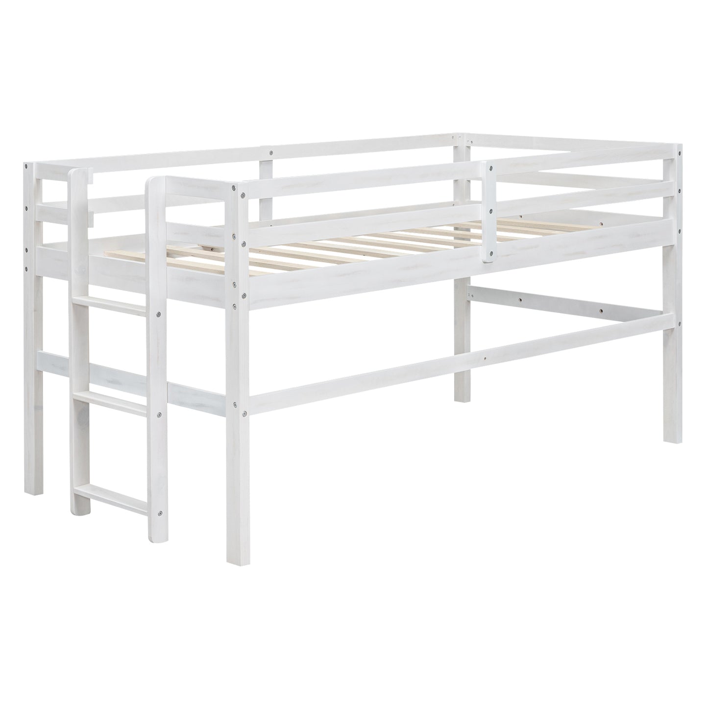 Wood Twin Size Loft Bed with Side Ladder, Antique White