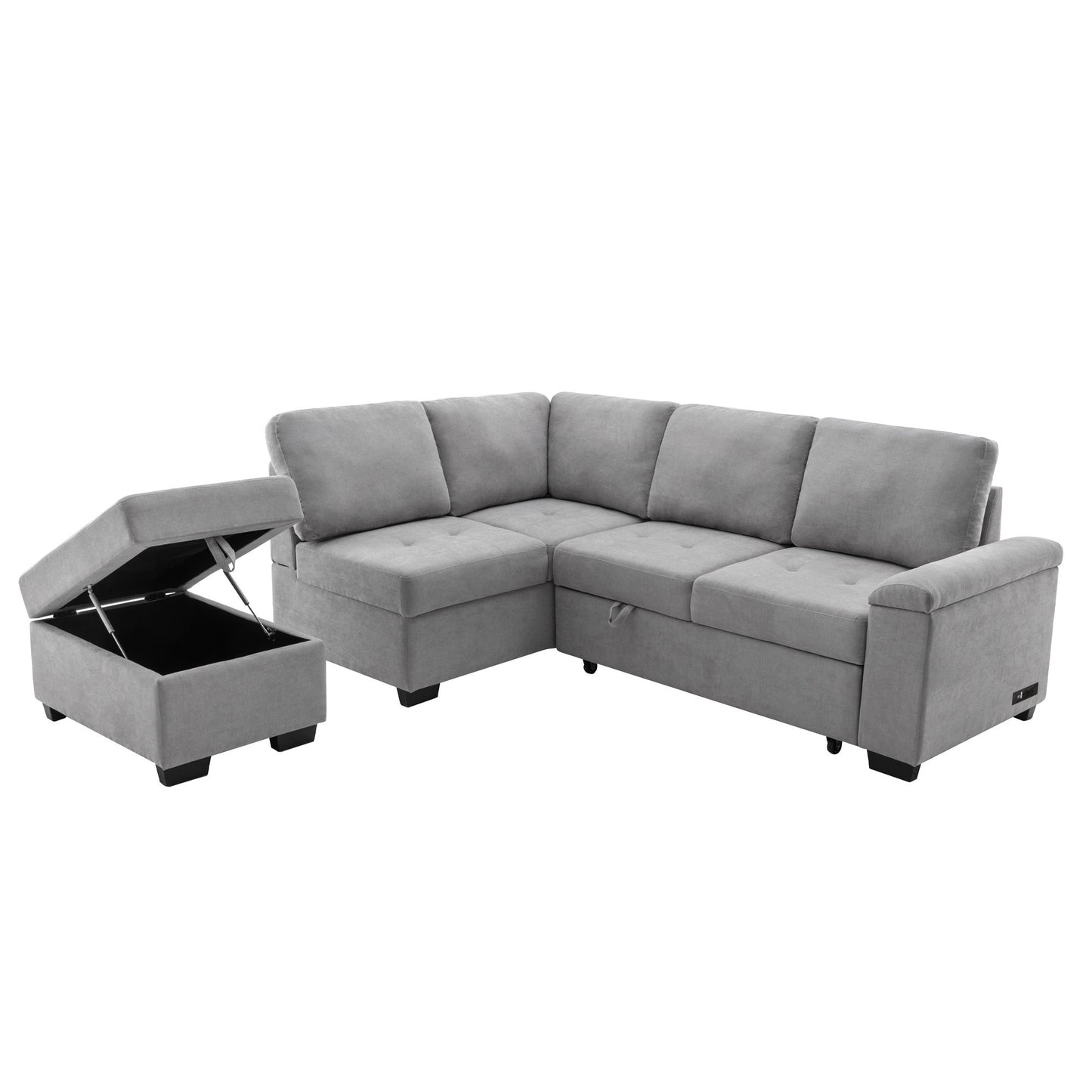 Elegant Gray Sleeper Sectional Sofa with L-Shape Design & Hidden Storage