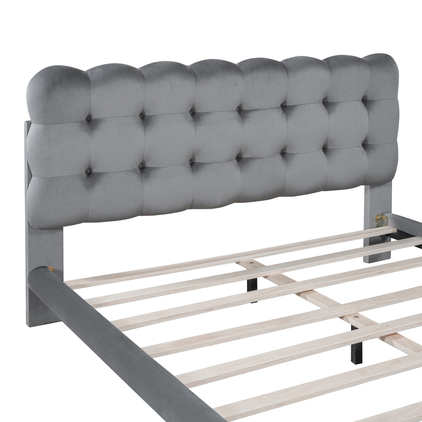 Queen Size Velvet Platform Bed with LED Frame, Thick & Soft Fabric and Button-tufted Design Headboard, Gray