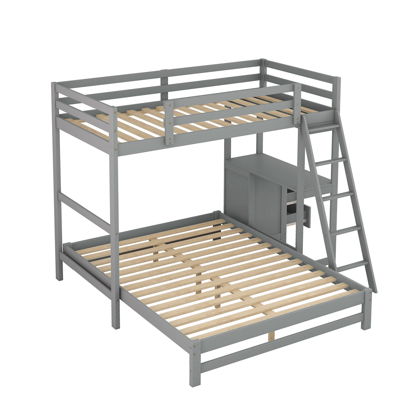 Grey Twin over Full Bunk Bed with Desk and Storage