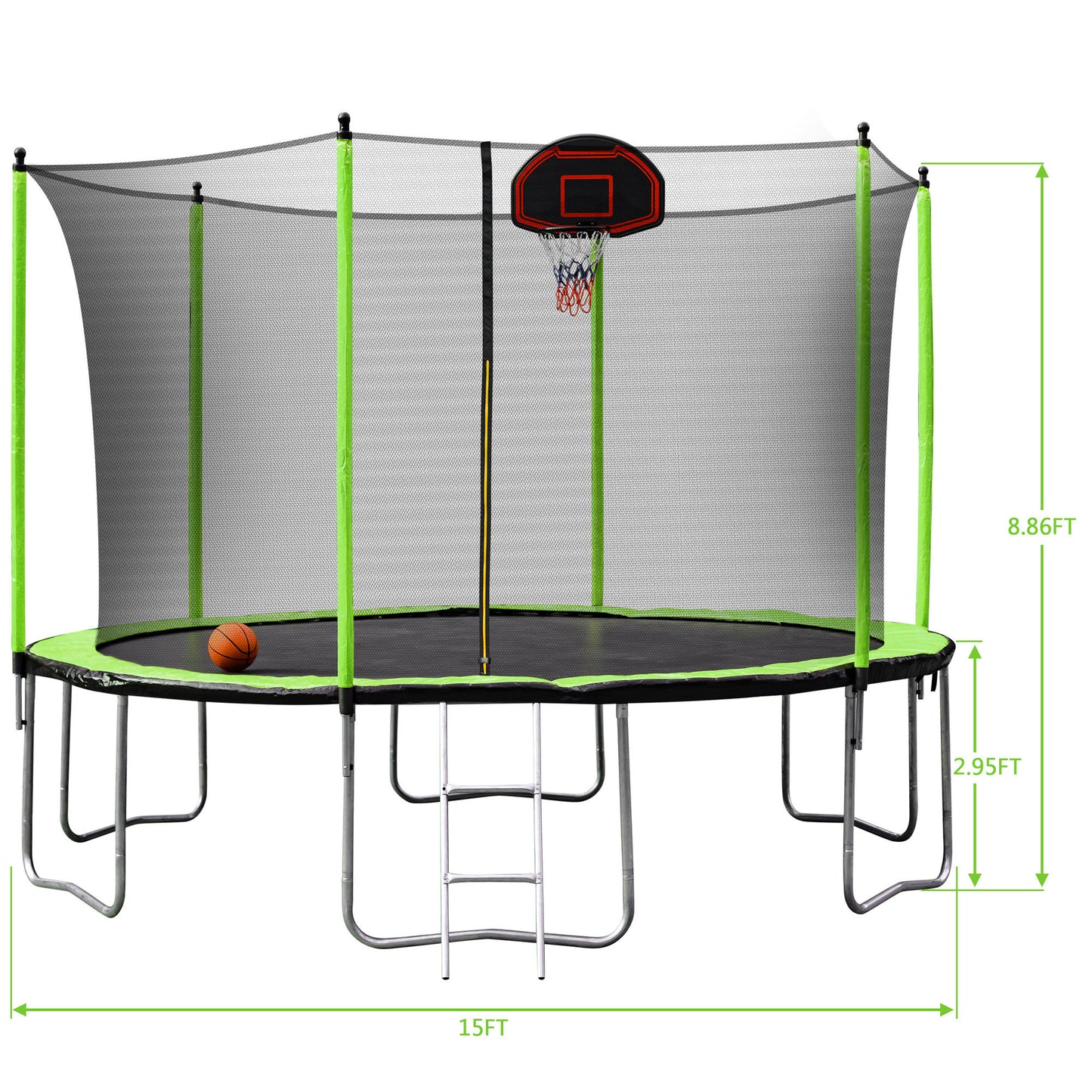 15FT Trampoline with Basketball Hoop Inflator and Ladder(Inner Safety Enclosure) Green