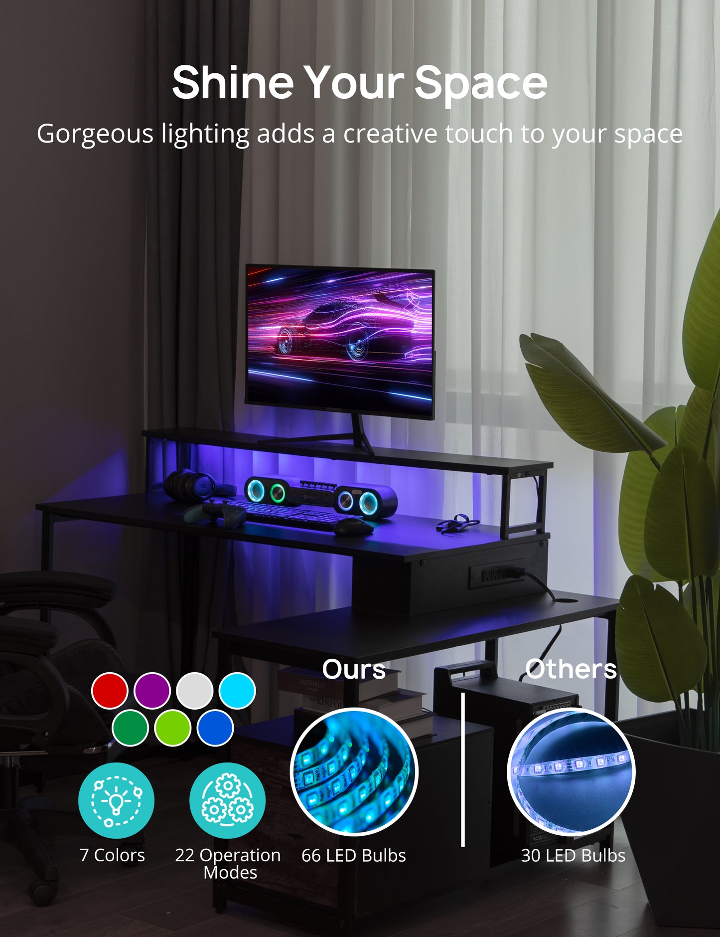 LED Gaming Desk with Charging Station, Storage Shelves, and L-Shaped Design