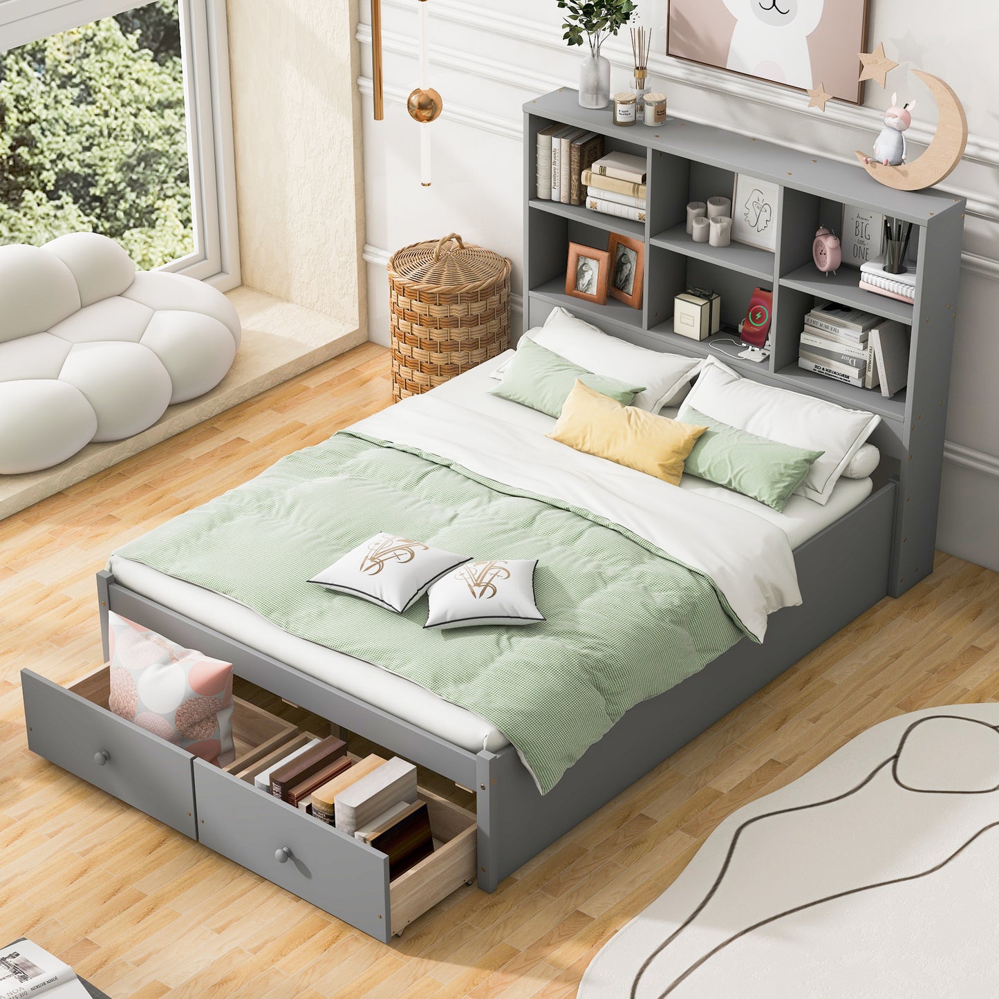 Full Size Platform Bed with Storage Headboard, Charging Station and 2 Drawers, Gray