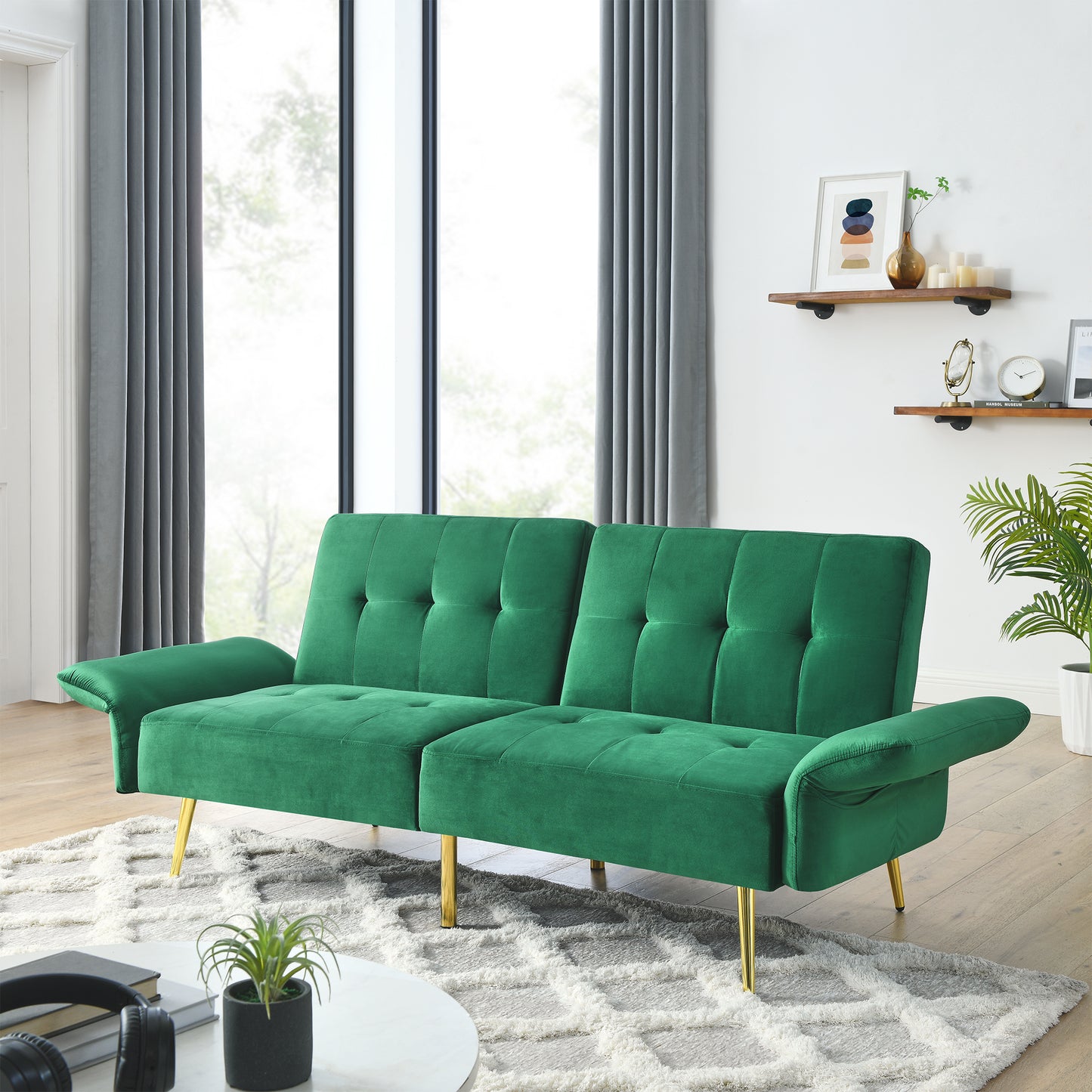 Luxurious Italian Velvet Sofa Bed with Armrest Storage, Green 280g Velvet