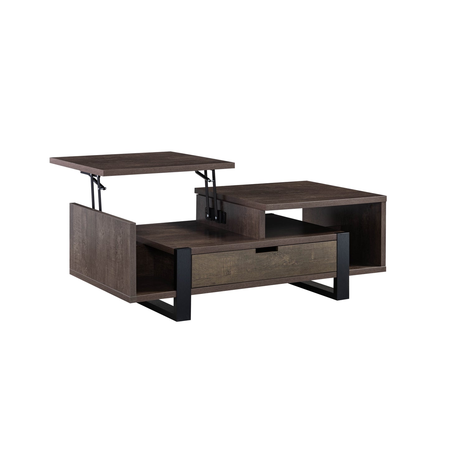 Walnut Oak & Black Coffee Table with Lift Top and Drawer Storage