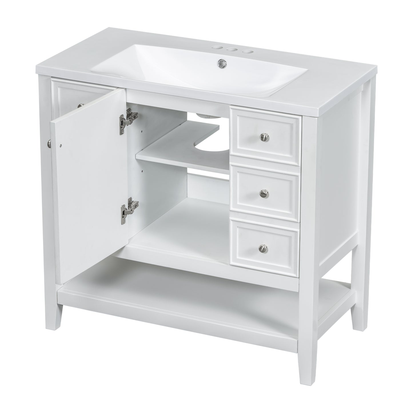 36" Bathroom Vanity with Sink Combo, One Cabinet and Three Drawers, Solid Wood and MDF Board, White