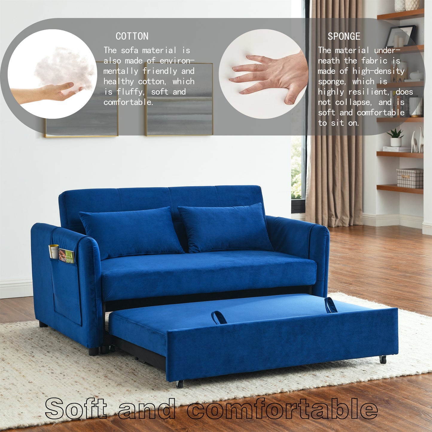 Convertible Sofa Bed, 3-in-1 Versatile Velvet Double Sofa with Pullout Bed, Seat with Adjustable Backrest, Lumbar Pillows, and Living Room Side Pockets, 54 Inch, Blue