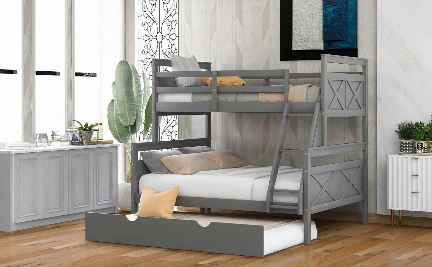 Triple Sleeper Bunk Bed with Trundle, Guardrail, Ladder, and Gray Finish