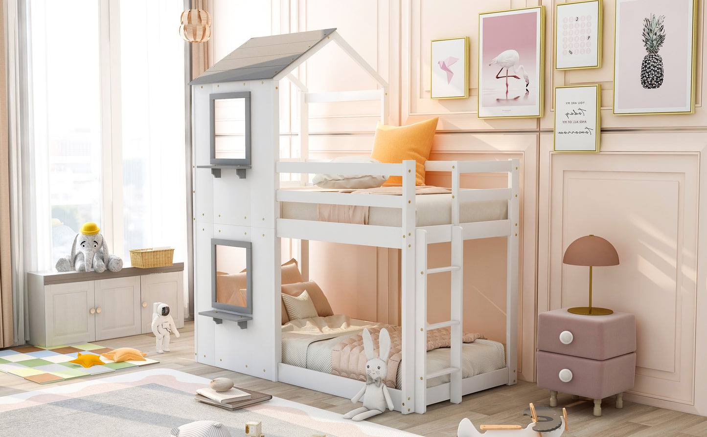 White Wooden Playhouse Bunk Bed with Roof and Guardrail