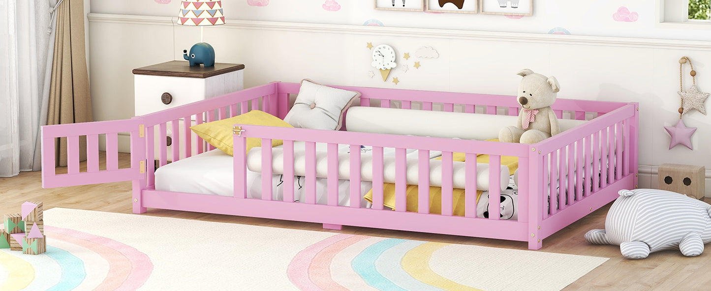 Full Size Bed Floor Bed with Safety Guardrails and Door for Kids, Pink