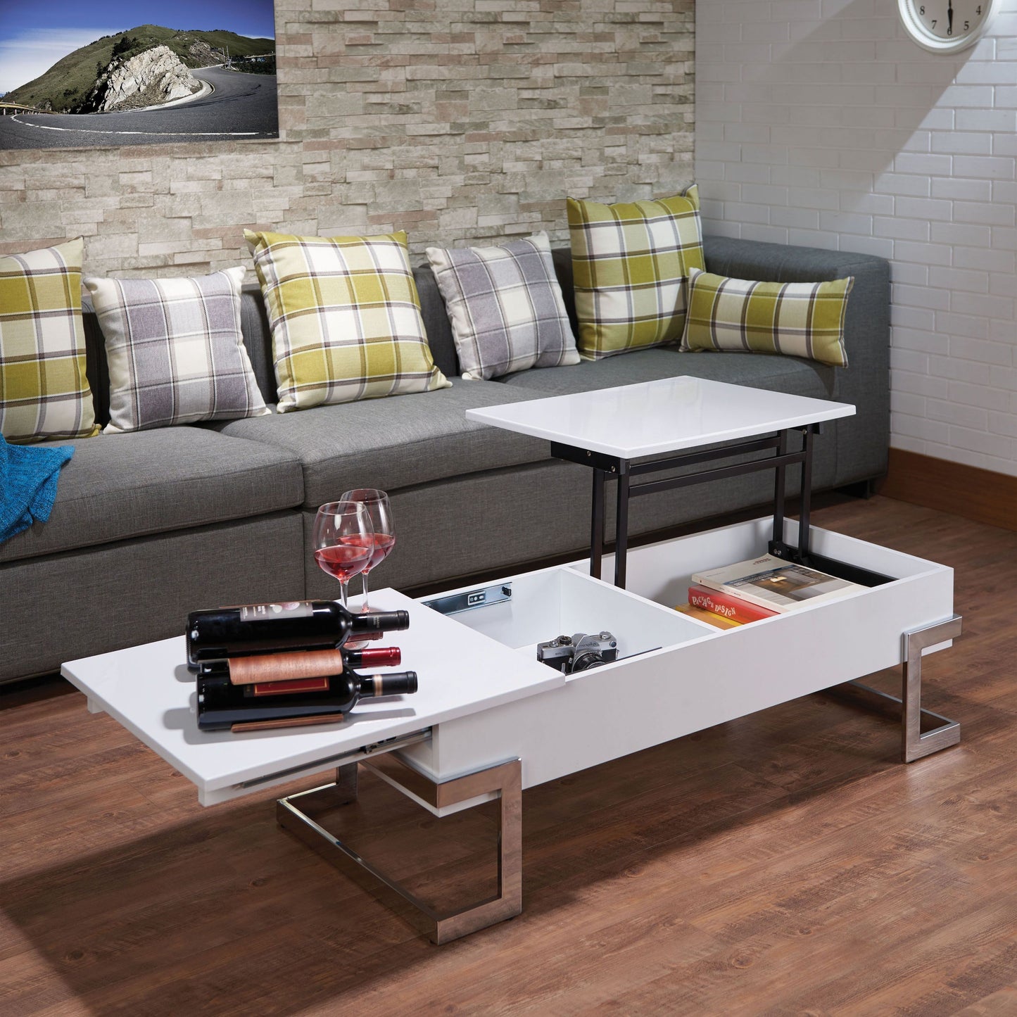 Elegant Chrome and White Lift-Top Coffee Table