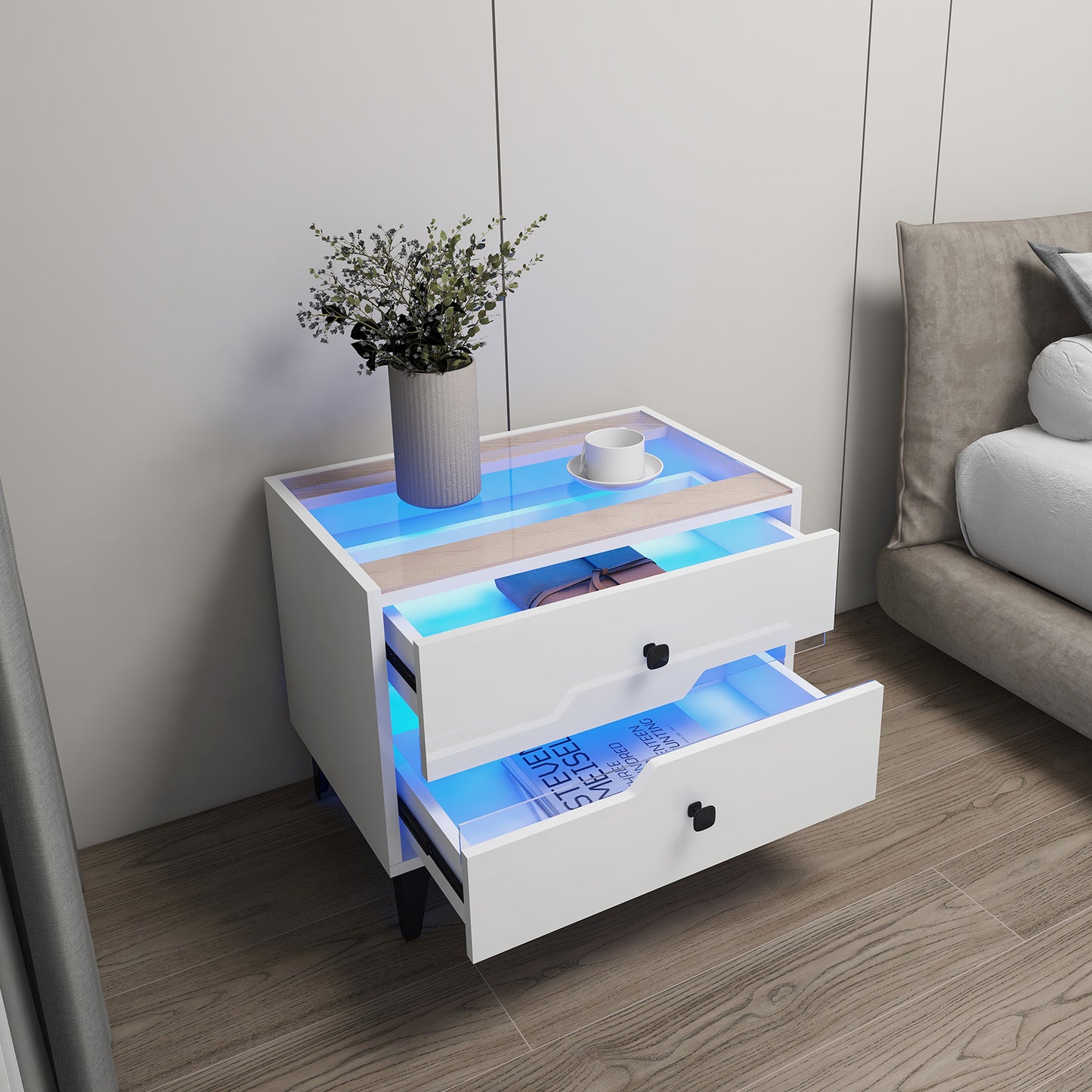 Smart Bedside Table, Nightstand with LED Light Nightstand Modern White High Gloss Bedside Table with 2 Storage Drawers for Bedroom Wooden Smart Side Table End Table with LED Lights (White)