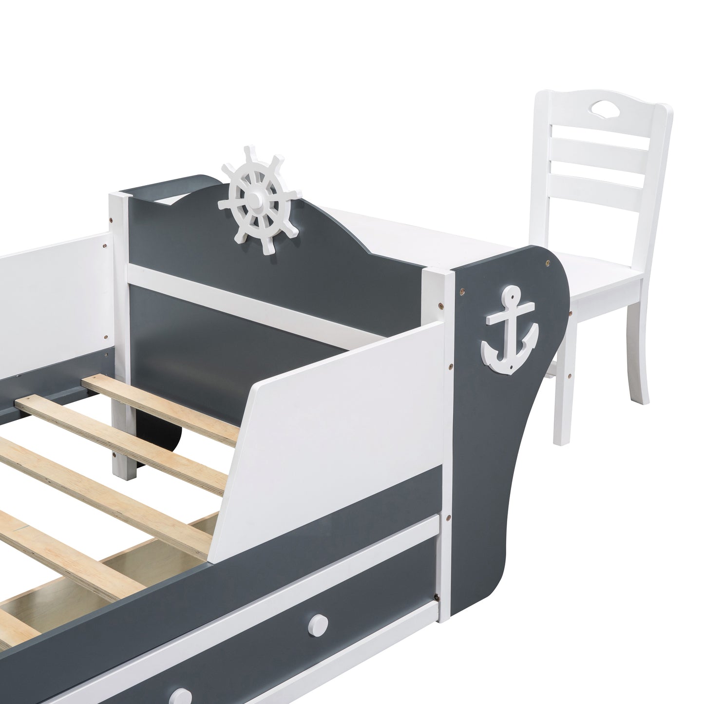 Twin Size Boat-Shaped Platform Bed with Two Drawers,Twin Bed with Desk and Chair for Bedroom,White+Gray