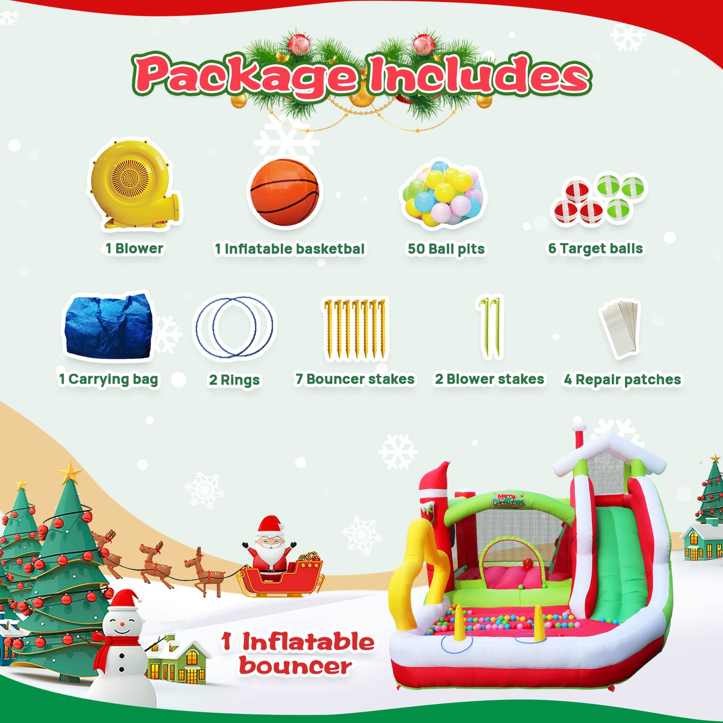 Christmas Joy Inflatable Bouncer with Slide for Kids - Complete Set with Blower