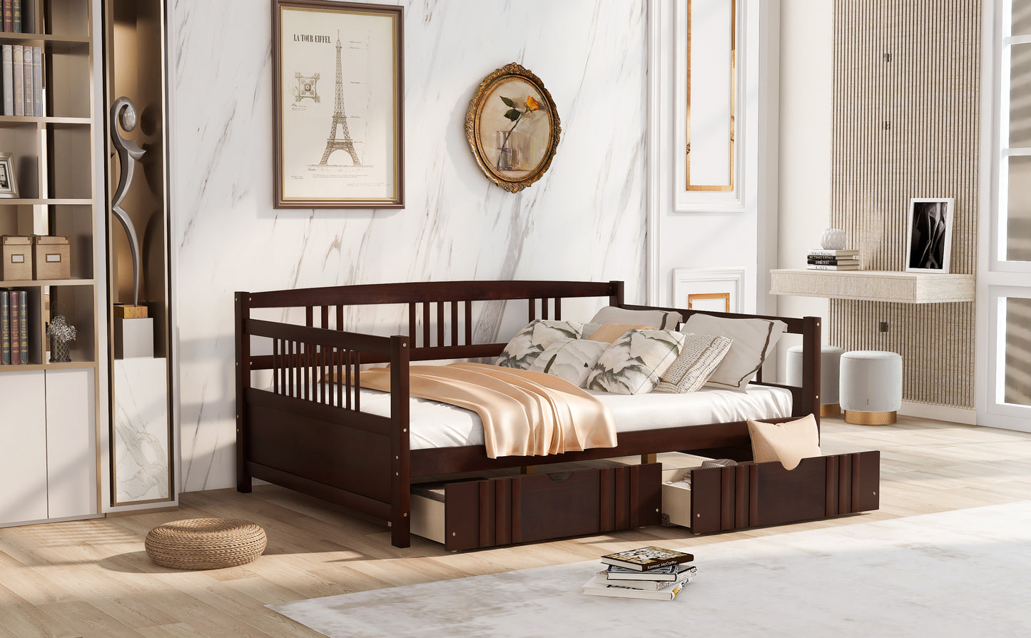 Full Size Daybed Wood Bed with Two Drawers,Espresso