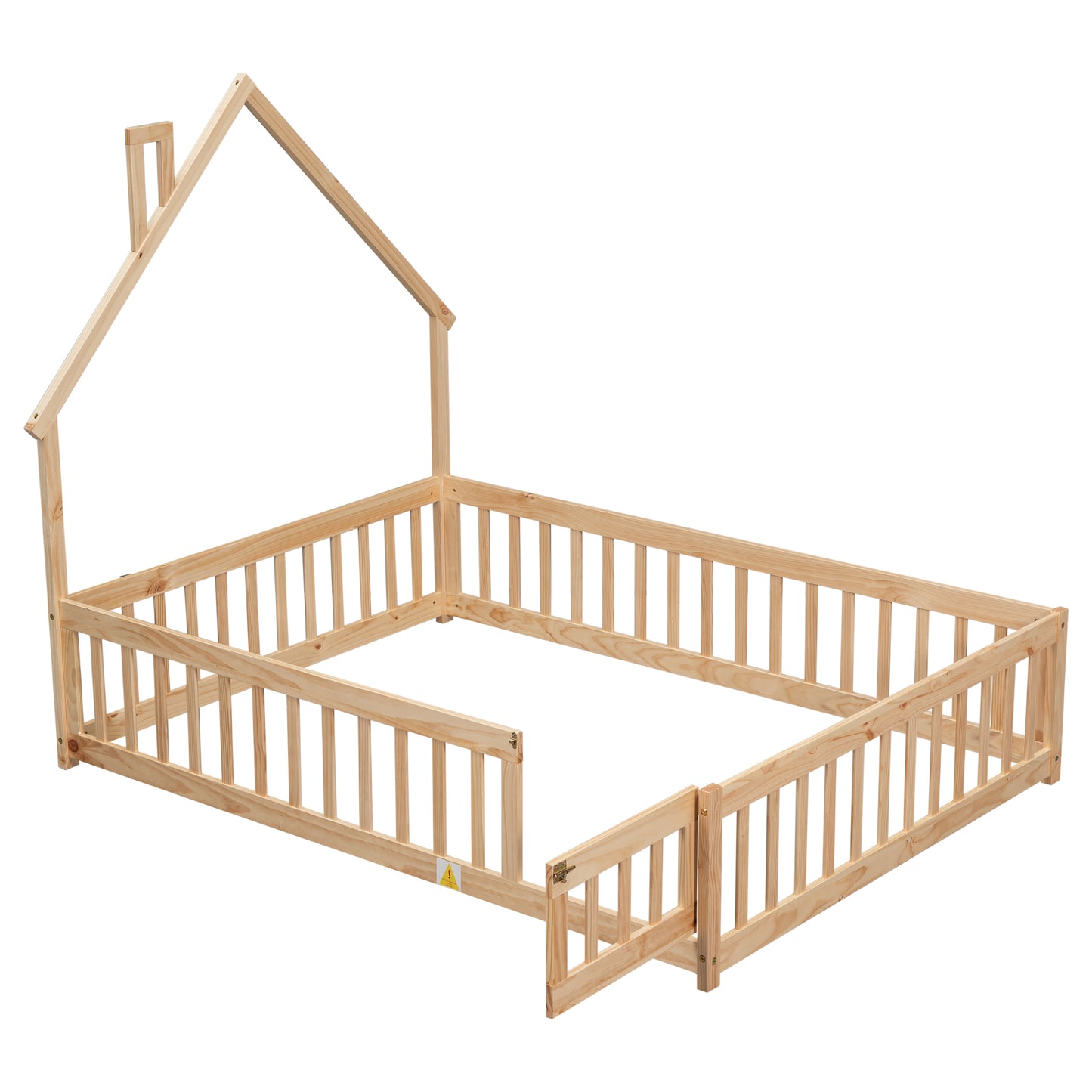 Full House-Shaped Headboard Floor Bed with Fence,Natural