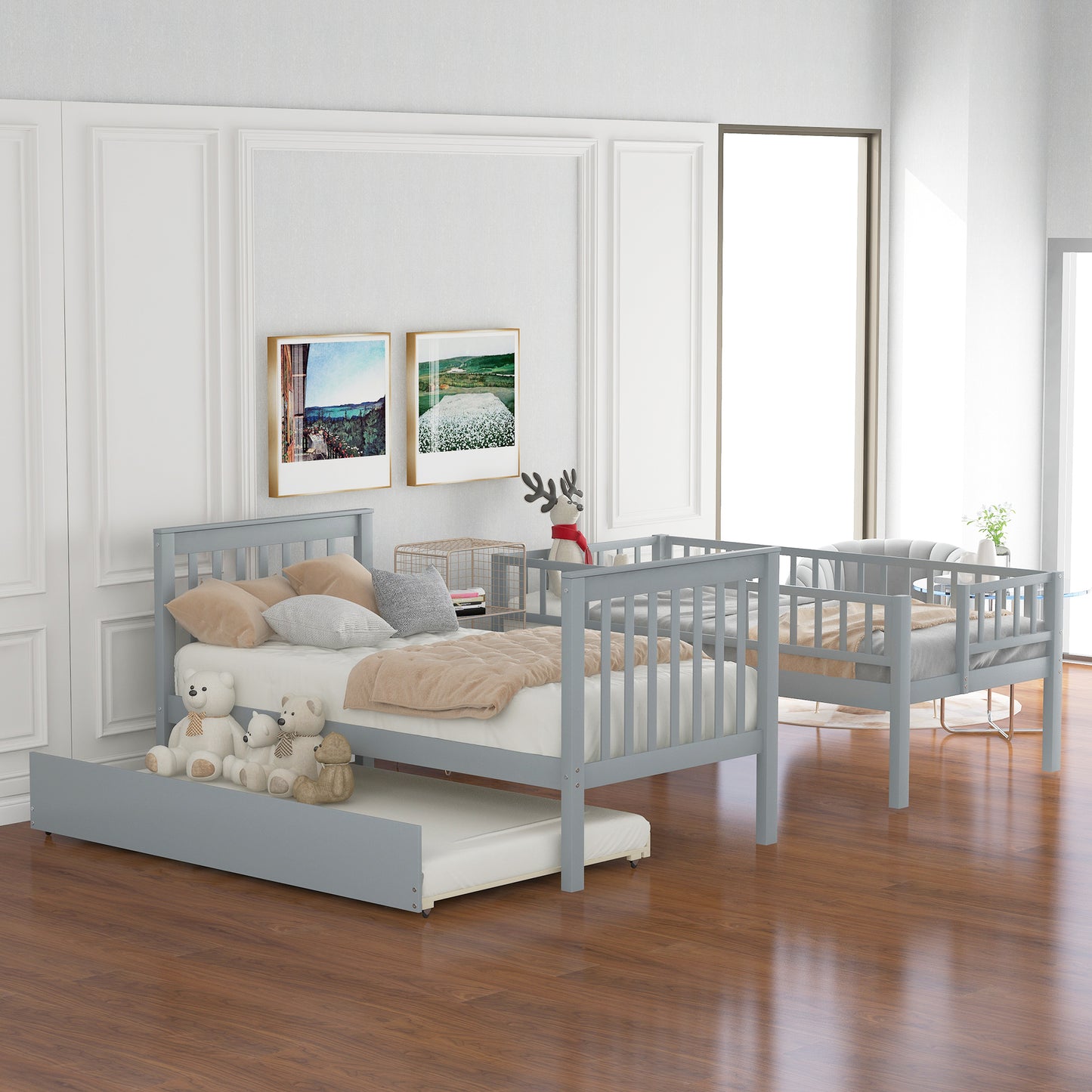 Gray Twin Bunk Bed with Trundle, Storage, and Versatility