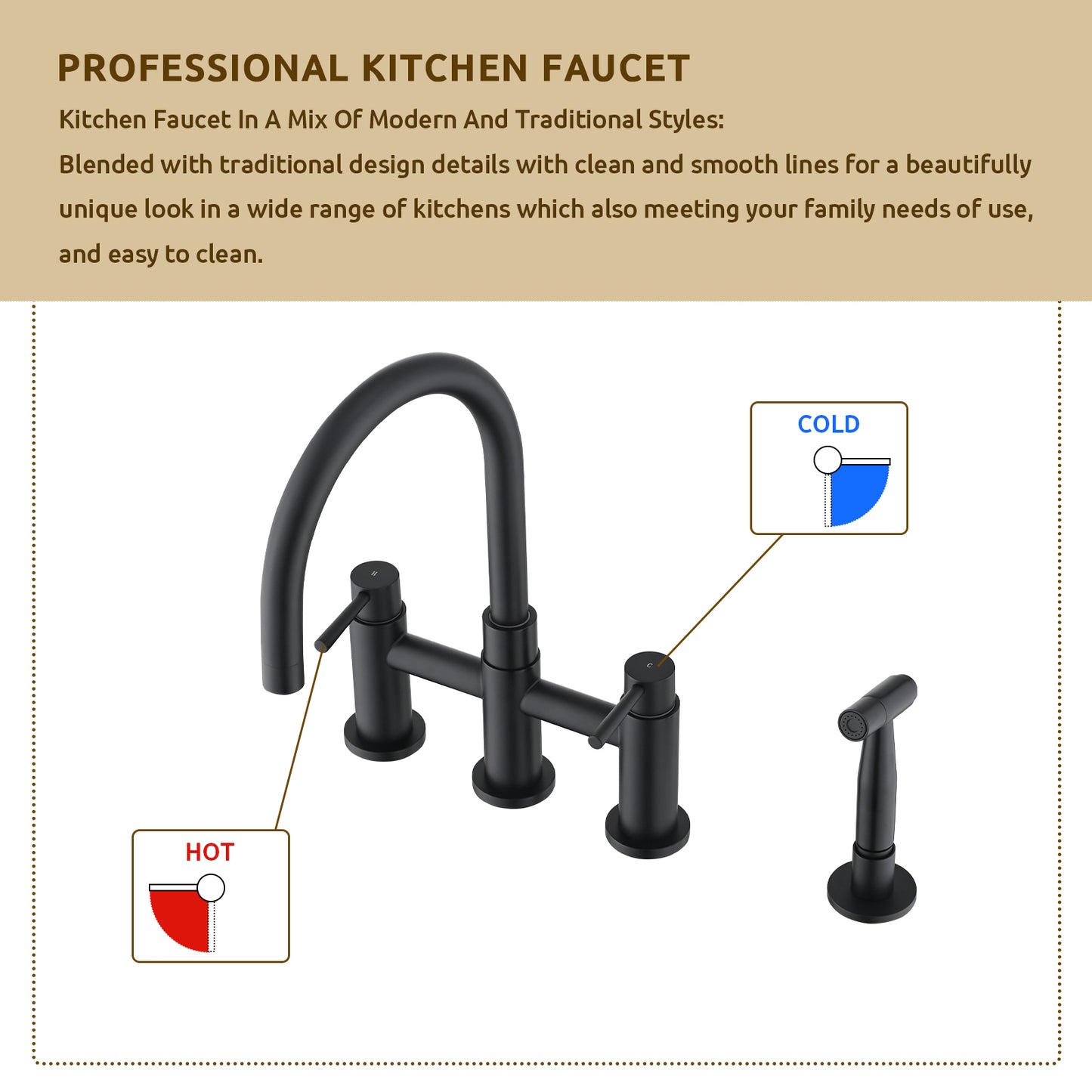 Double Handle Bridge Kitchen Faucet with Side Spray