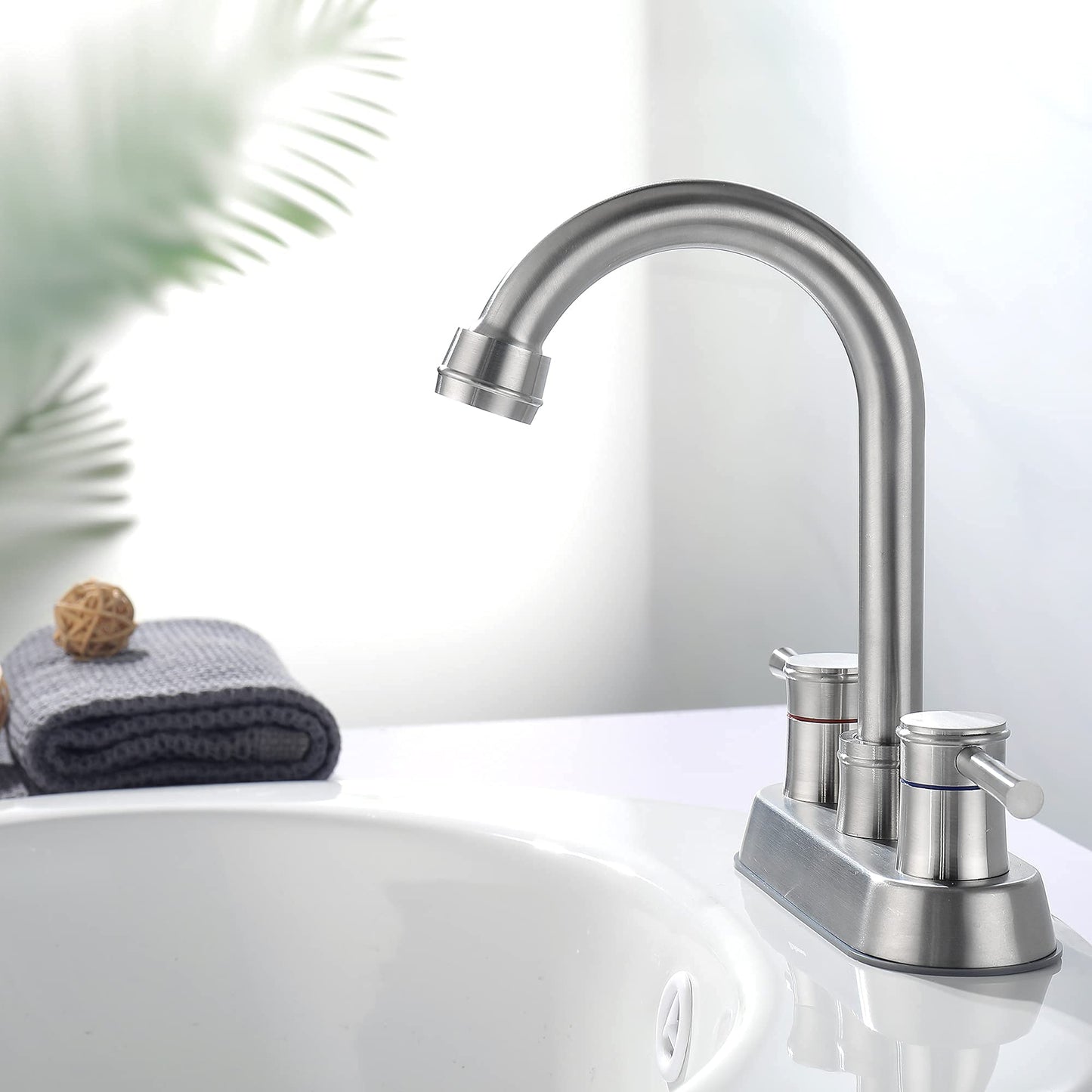 High Arc Stainless Steel Bathroom Faucet Set with Brushed Nickel Finish and Pop-Up Drain