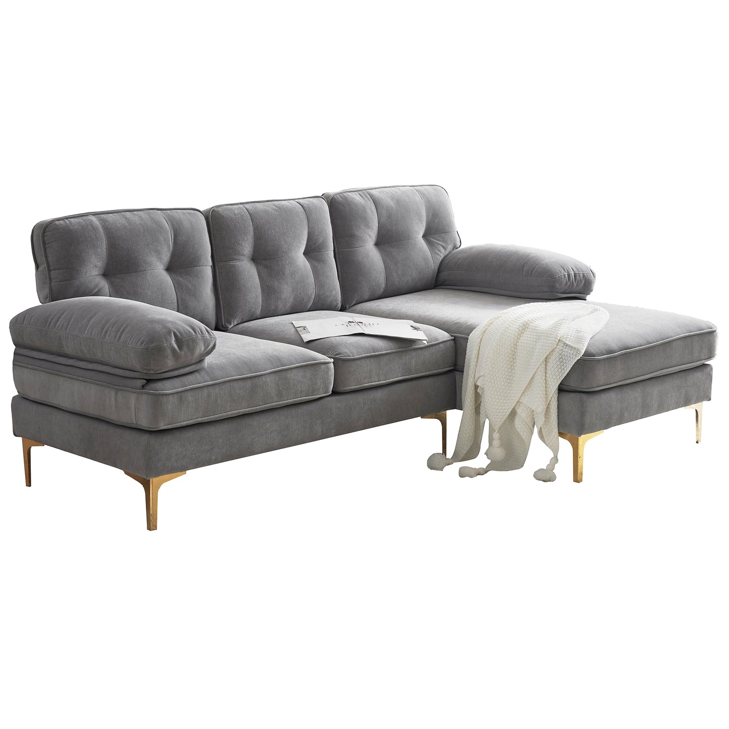 Modern Velvet L-Shaped Sectional Sofa in Light Grey