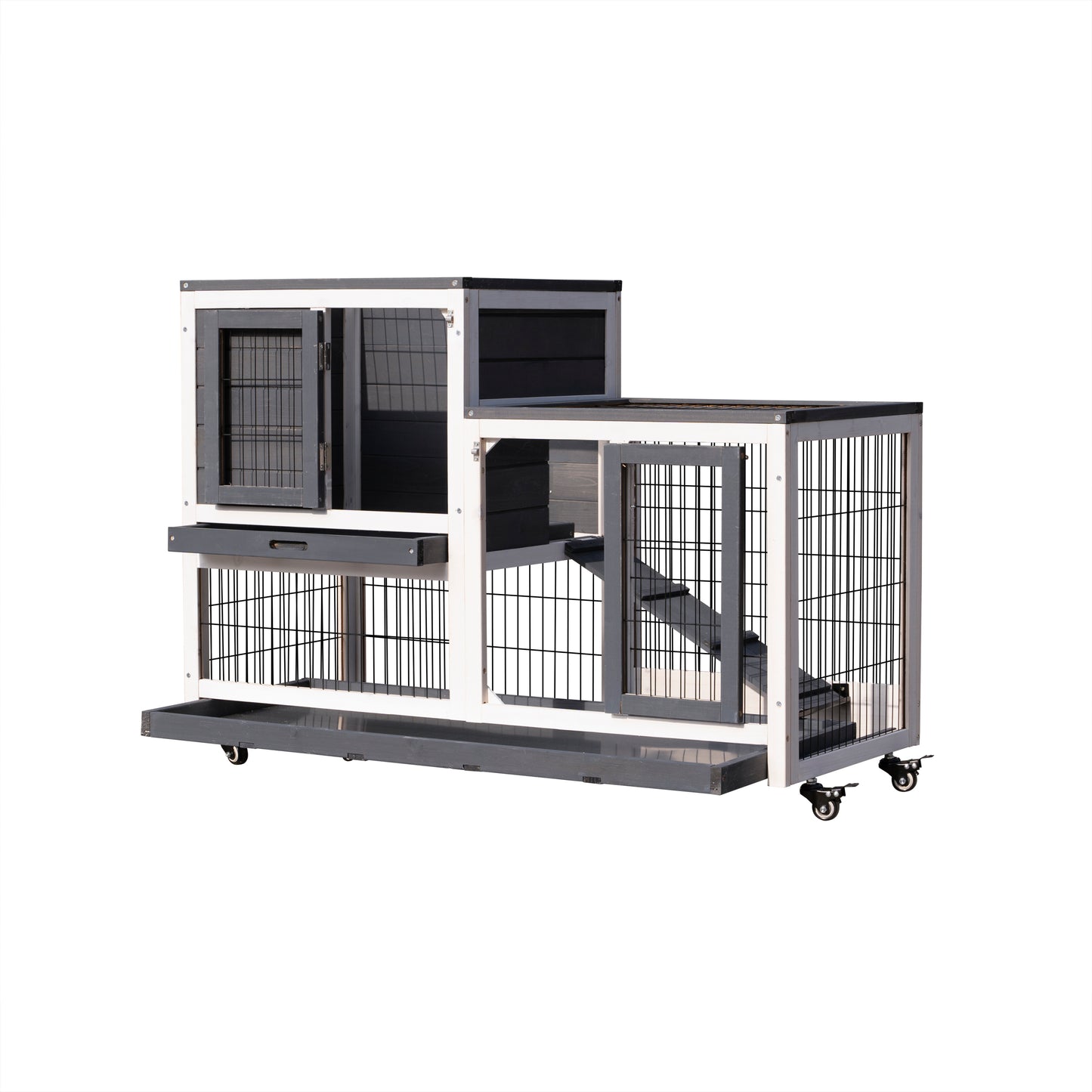 Removable Tray Ramp wooden outdoor rabbit hutch small animal coop with running cage with Enclosed Run with Wheels, Ramp, Removable Tray Ideal