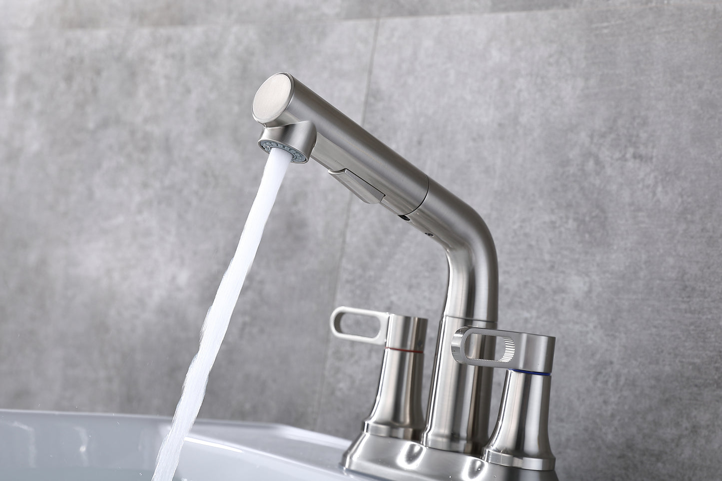 Centerset Brushed Nickel Bathroom Faucet with Pull Out Sprayer