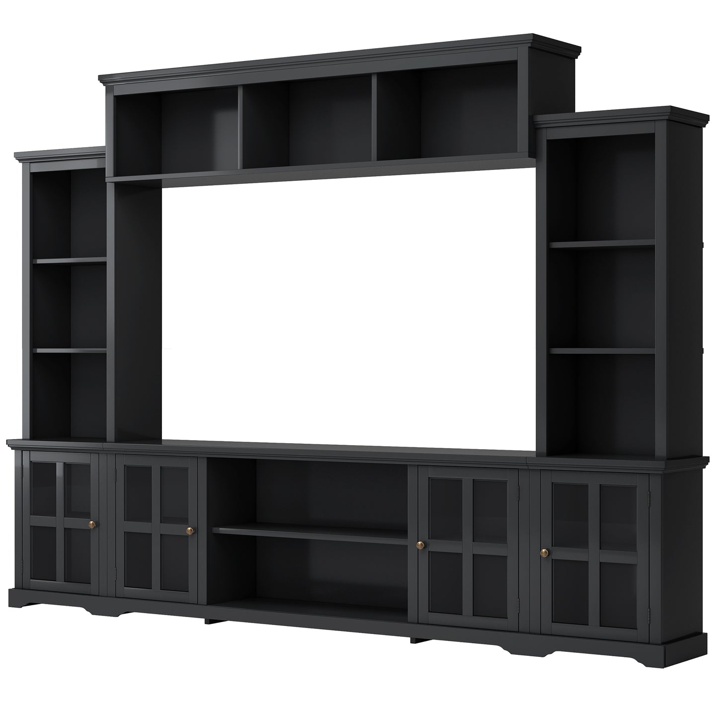 Sleek Entertainment Wall Unit with Bridge and Tempered Glass Door, Modern TV Console for TVs Up To 70