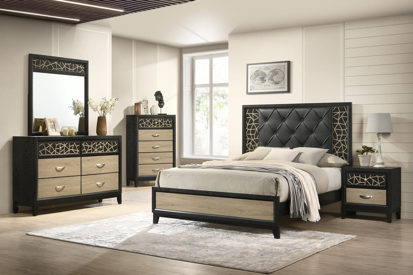 Selena Modern & Contemporary Queen Bed Made with Wood in Black and Natural