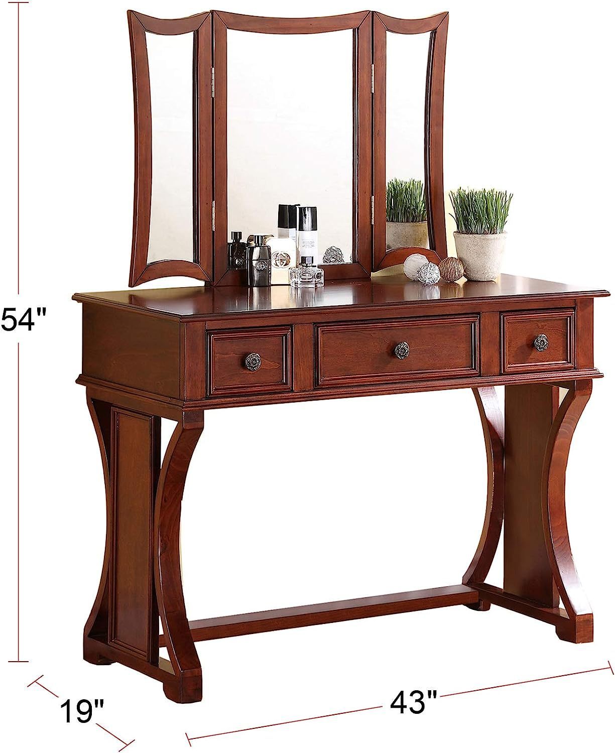 Unique Modern Bedroom Vanity Set w Stool Foldable Mirror Drawers Cherry Color MDF Veneer 1pc Vanity Furniture