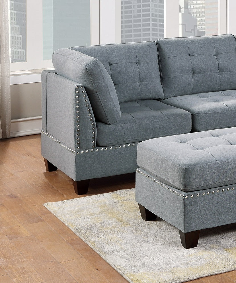 Elegant Gray Linen Modular Sectional Set with Tufted Nail heads and Plush Comfort