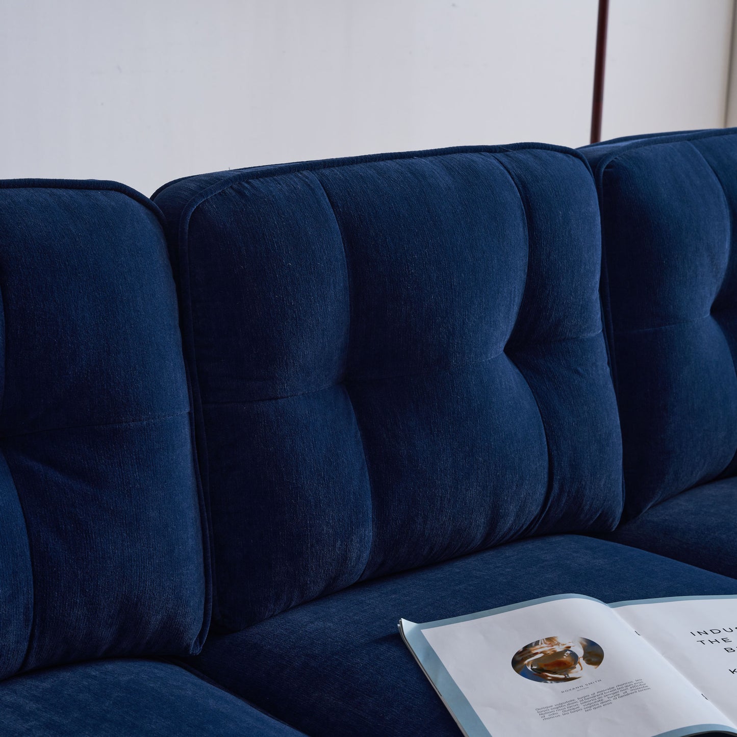 83 Blue Velvet L-Shaped Sectional Sofa with Mid-Century Modern Vibes