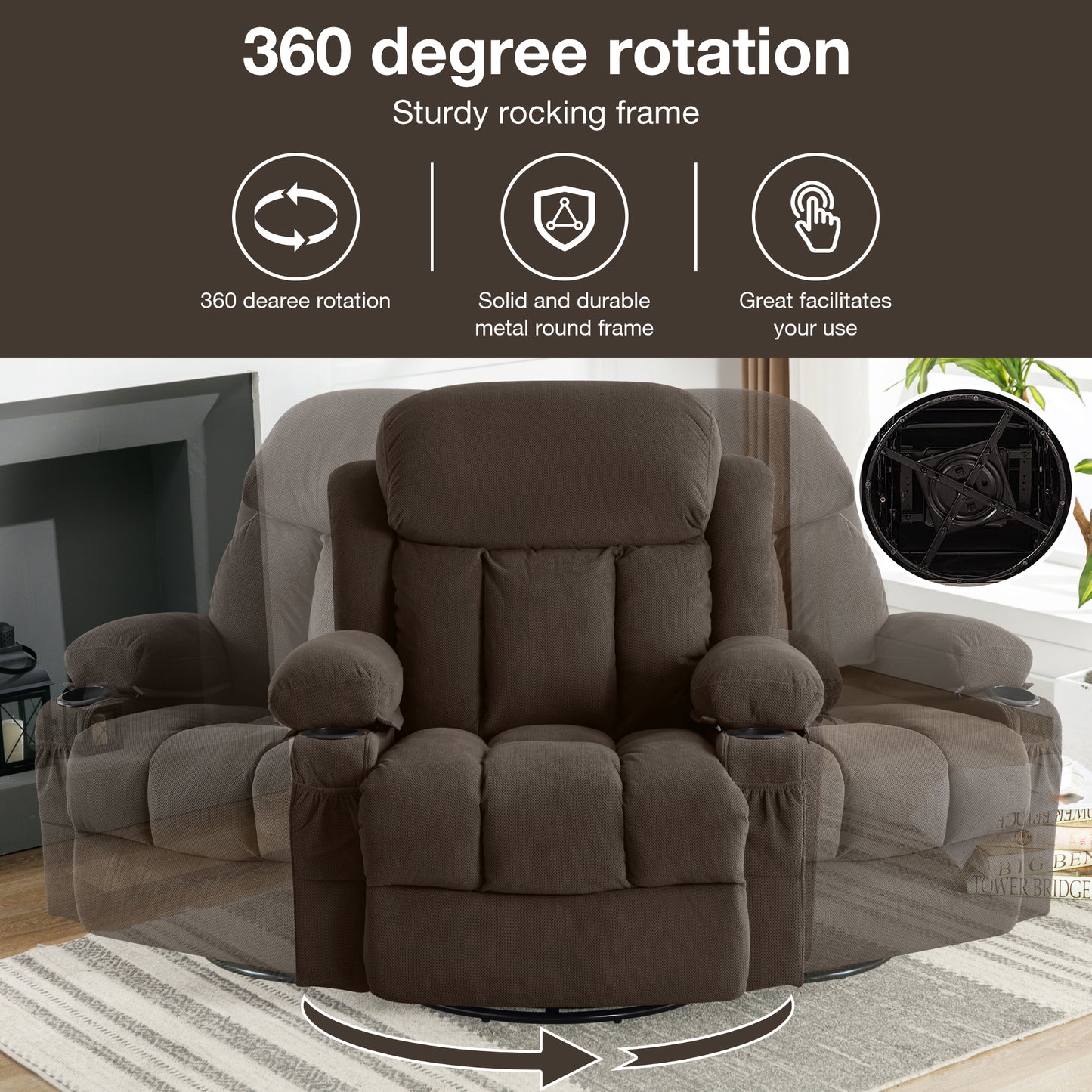 Luxurious Brown Swivel Massage Heated Recliner with USB and Cup Holders