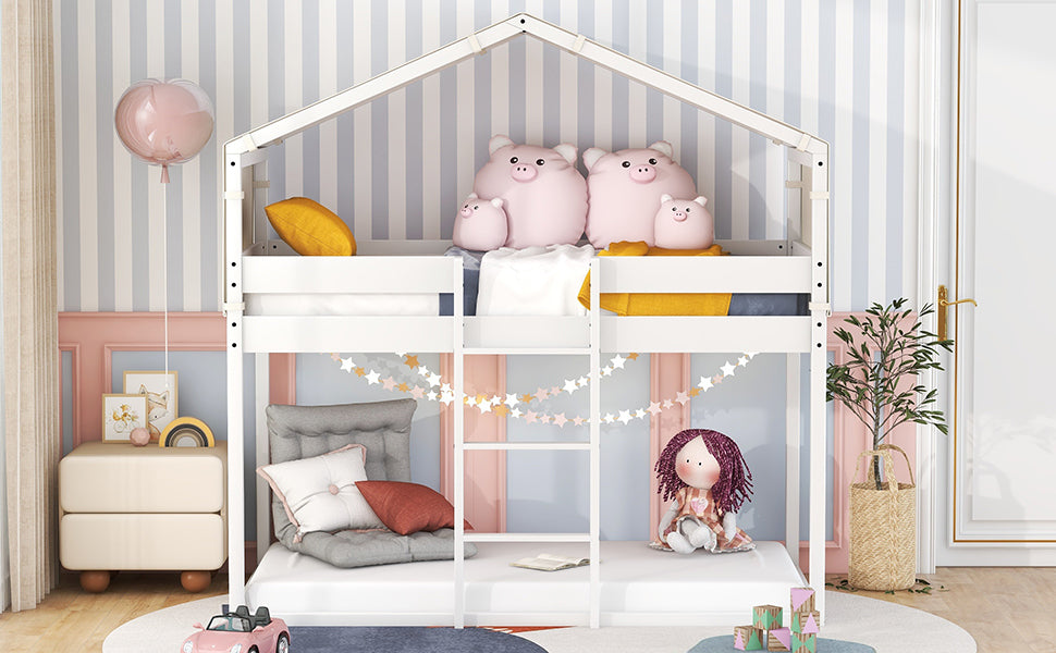 White House-Shaped Twin Over Twin Bunk Bed with Playhouse Tent