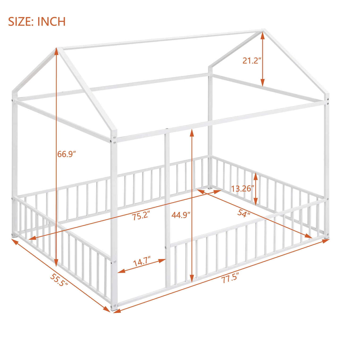 Full Size Metal Bed House Bed Frame with Fence, for Kids, Teens, Girls, Boys,White