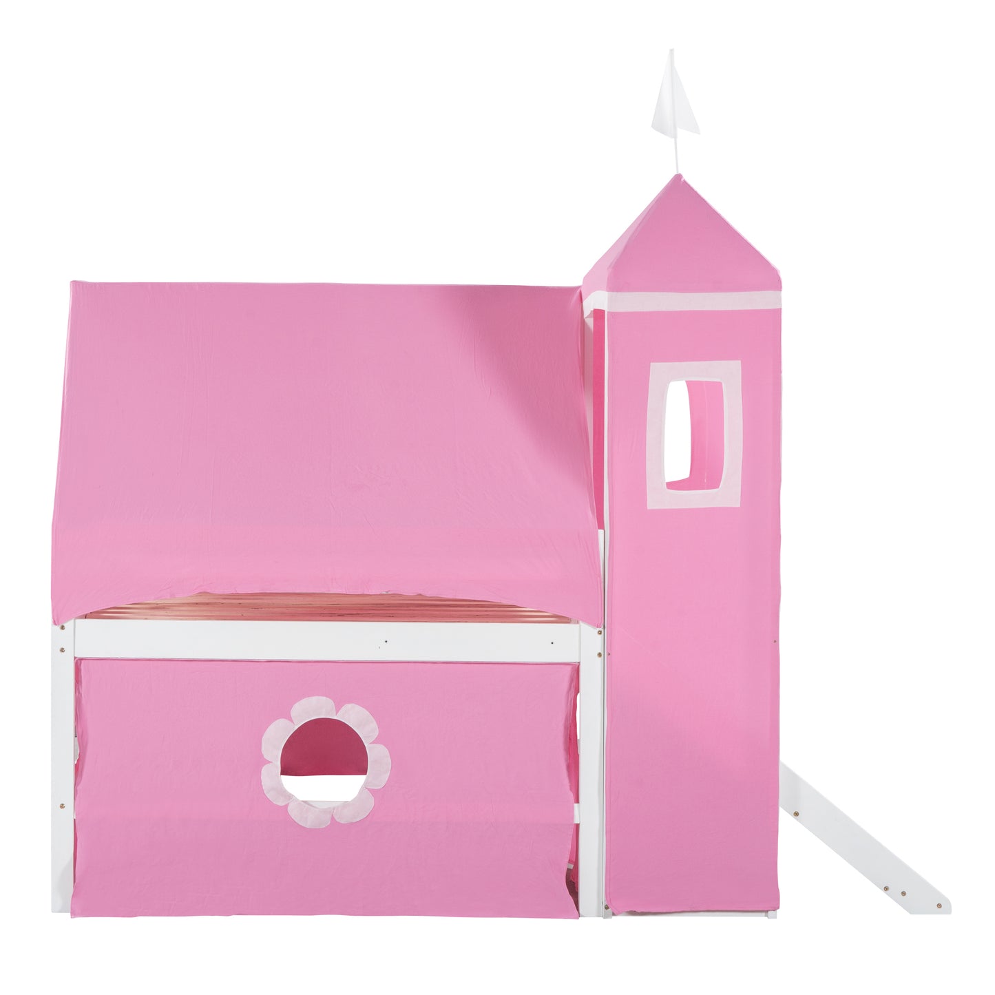 Pink Castle Loft Full Size Bunk Bed with Slide, Tent, and Tower - Enchanting Pink Castle Loft Bed with Slide, Tent, and Tower