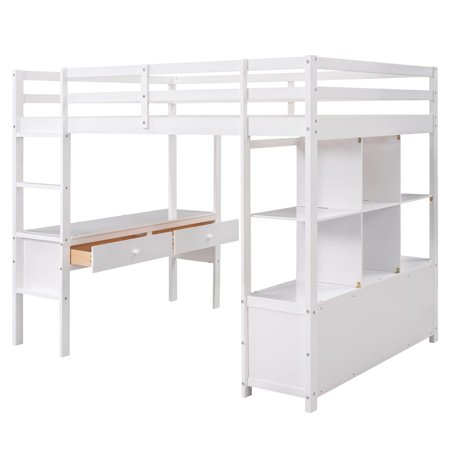 Full Size Loft Bed with Built-in Desk with Two Drawers, and Storage Shelves and Drawers,White