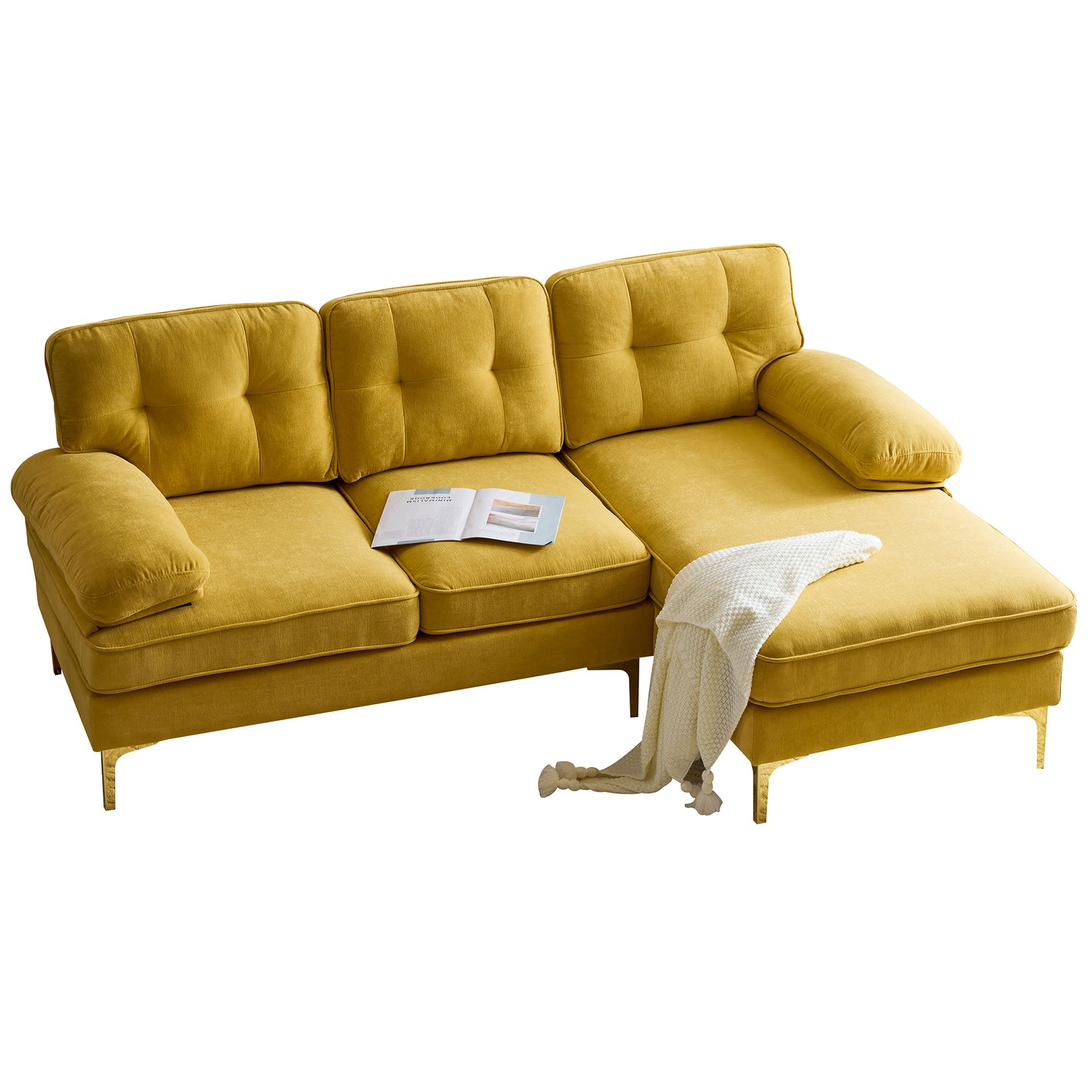 Modern Yellow Velvet L-Shaped Sectional Sofa for Living Room or Bedroom