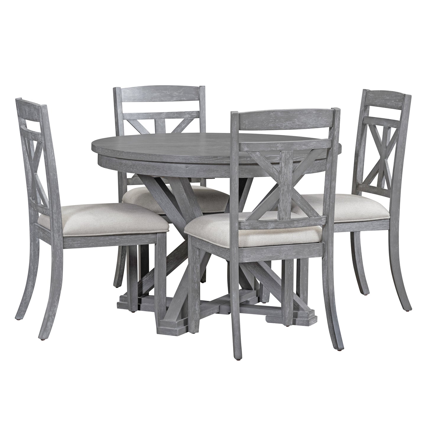 TREXM 5-Piece Retro Functional Dining Table Set Extendable Round Table and 4 Upholstered Chairs for Dining Room and Living Room (Grey)