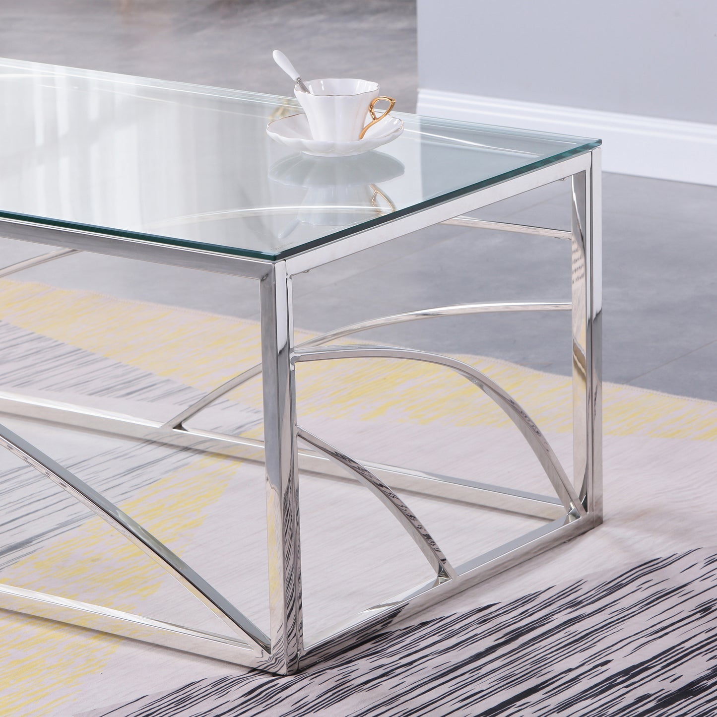 Modern Silver Stainless Steel Glass Coffee Table for Living Room