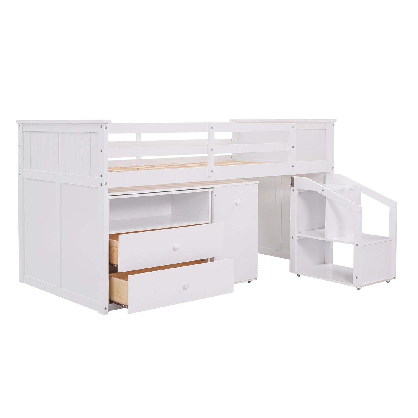 Loft Bed Low Study Twin Size Loft Bed With Storage Steps and Portable,Desk,White(: LT000101AAK)