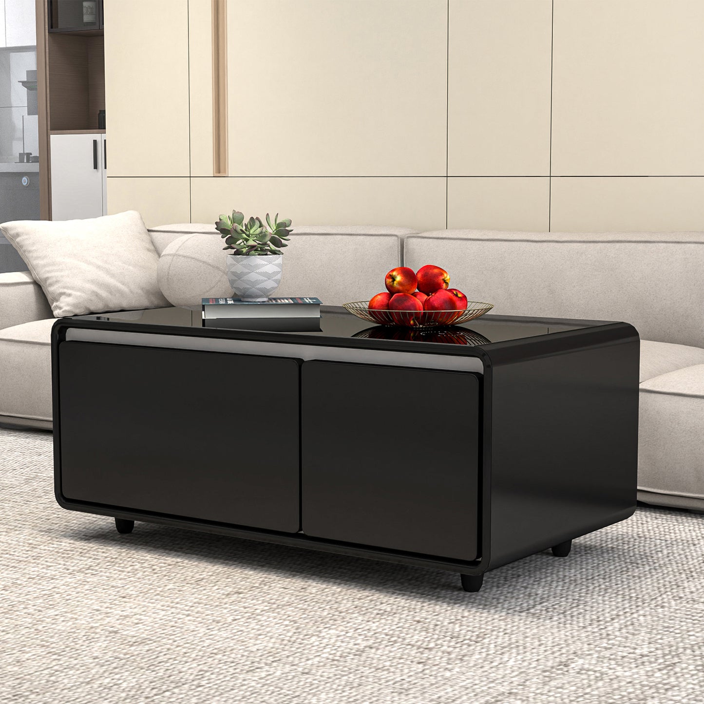 Black Smart Coffee Table with Refrigerated Storage, Wireless Charging, and Power Outlets