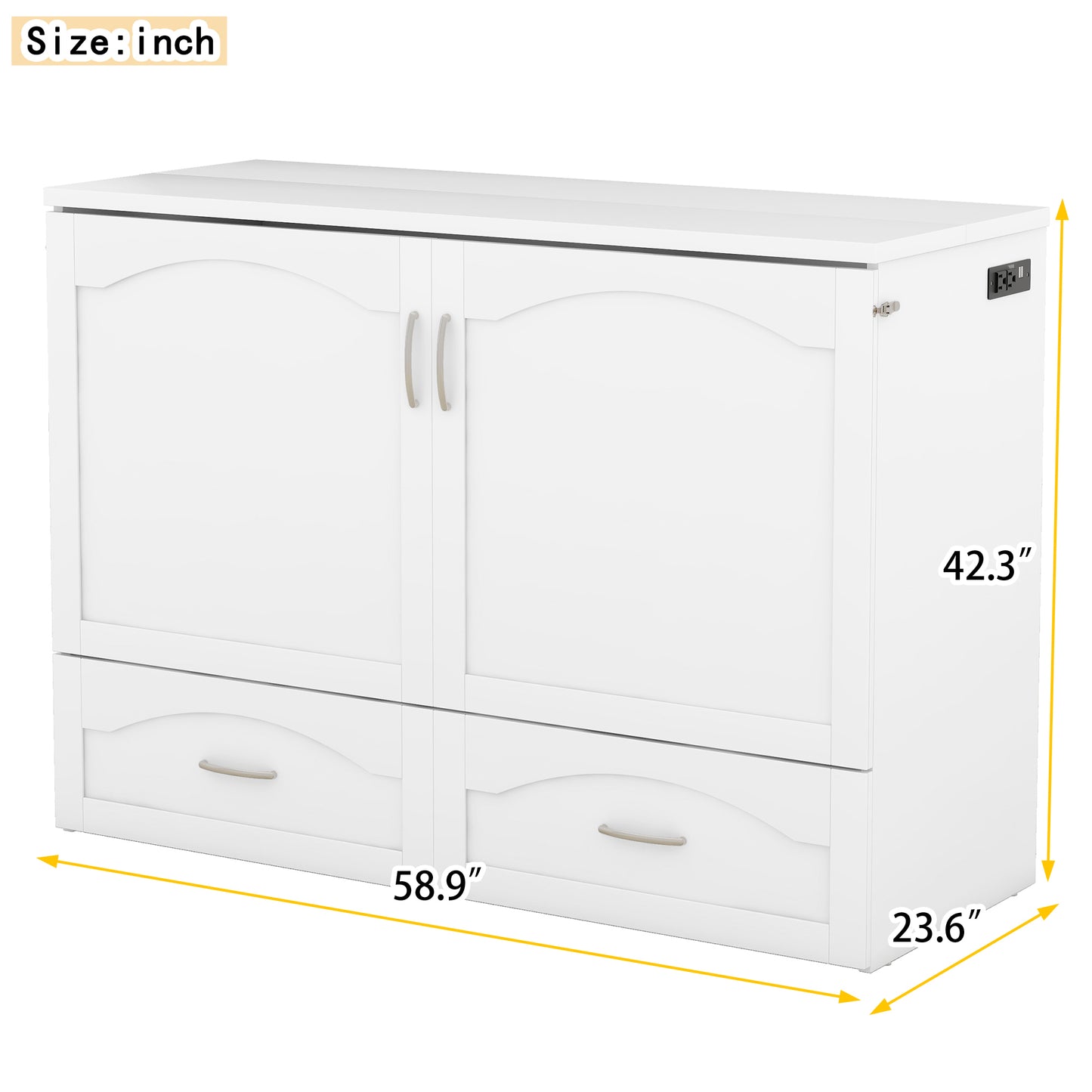 Full Size Murphy Bed Wall Bed with drawer and a set of Sockets & USB Ports, Pulley Structure Design, White