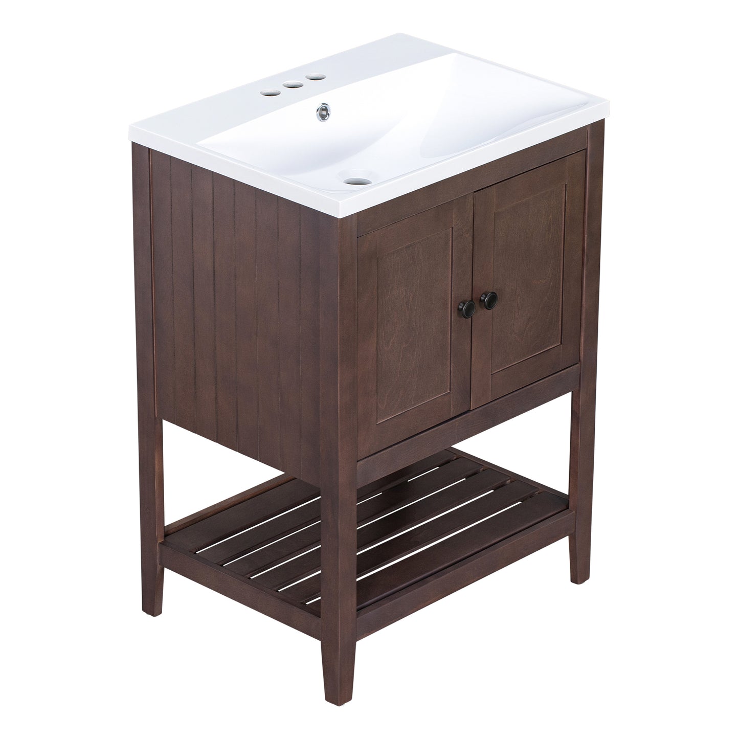 24" Brown Modern Sleek Bathroom Vanity Elegant Ceramic Sink with Solid Wood Frame Open Style Shelf