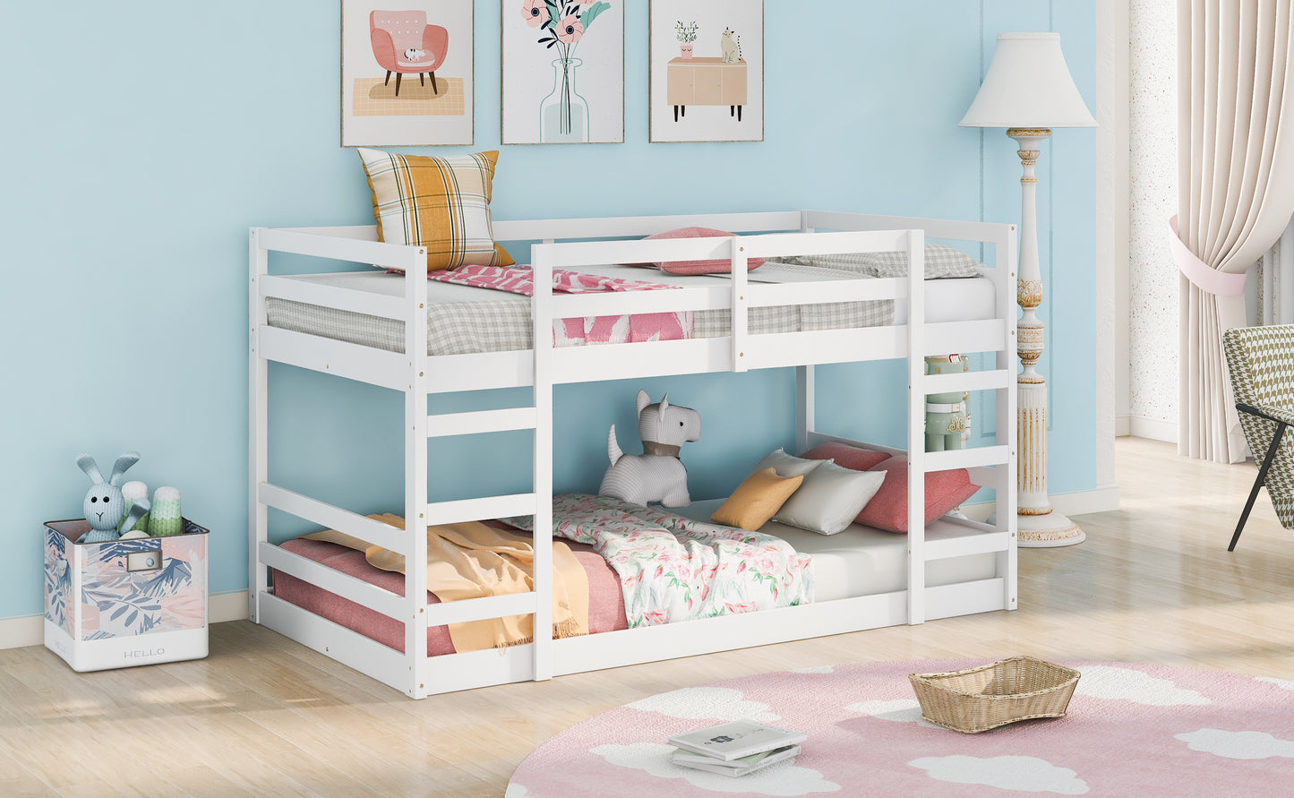 White Twin Bunk Bed with Ladder: Space-Saving Solid Pine Twin over Twin Bed