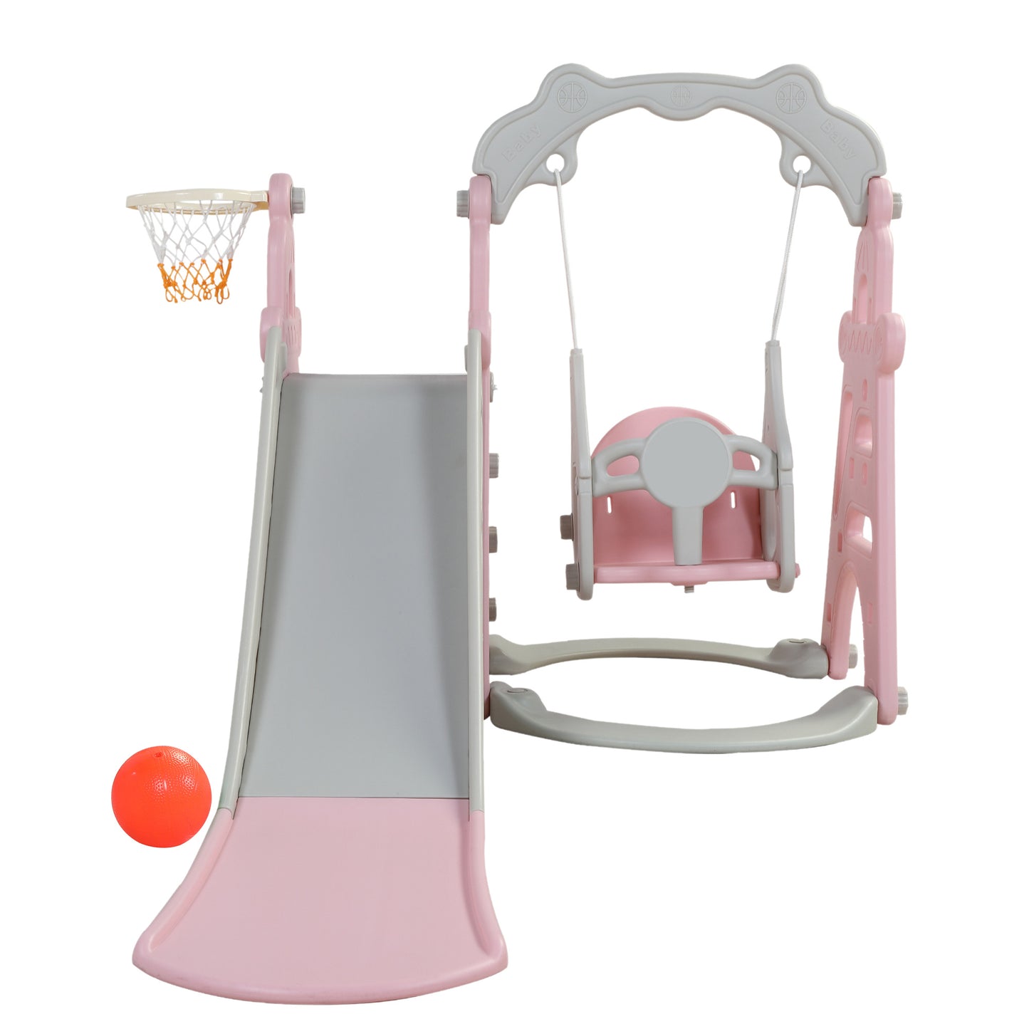 3-in-1 Kids Slide and Swing Set with Basketball Hoop, Indoor and Outdoor Activity Center in Pink and Gray