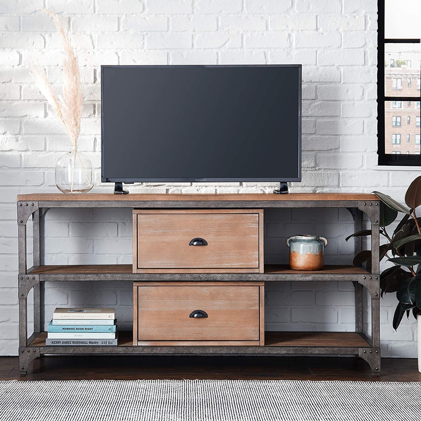 Gorden TV Stand with Weathered Oak & Antique Silver Finish