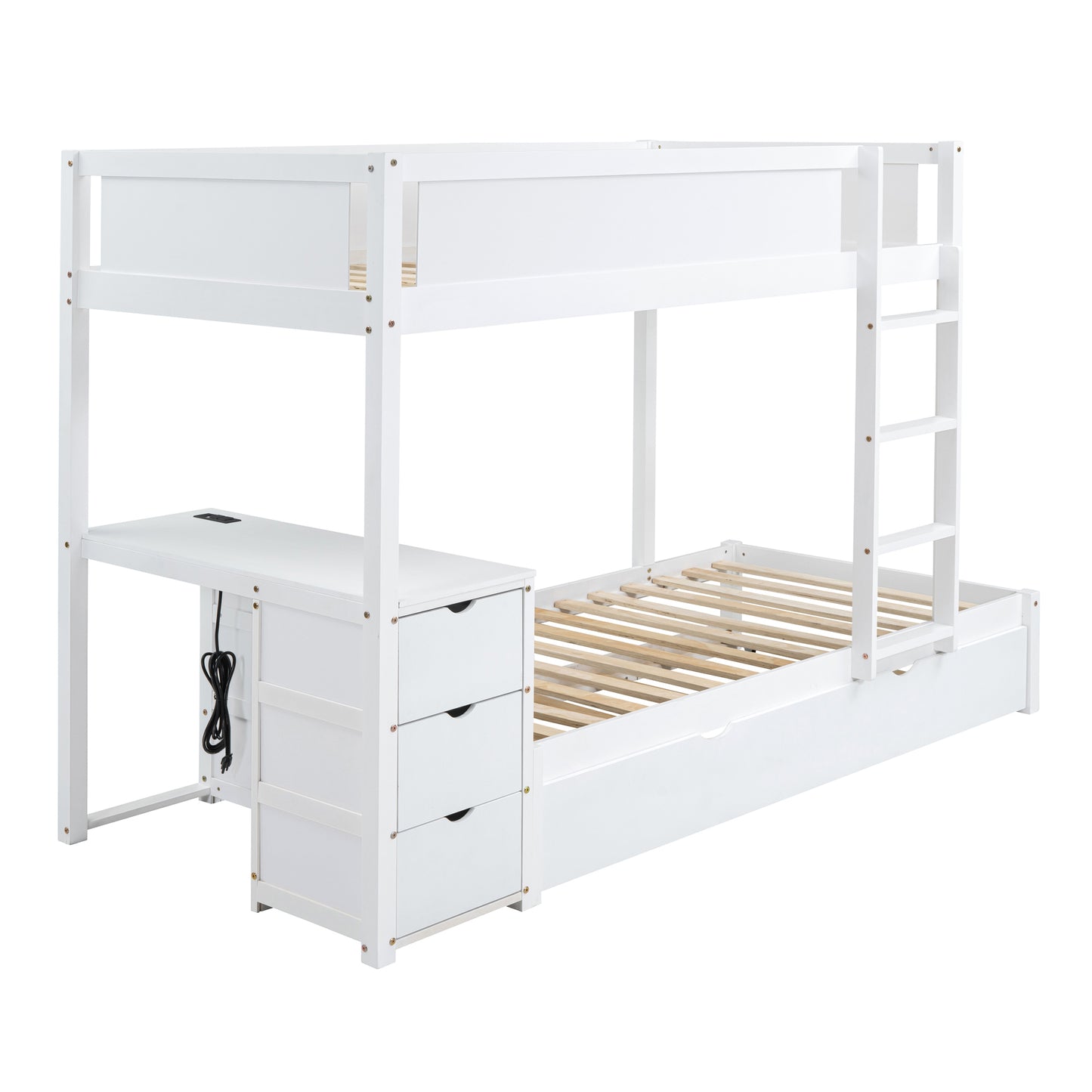 Twin Loft Bed with Trundle, Storage, Desk, and USB Outlets, White