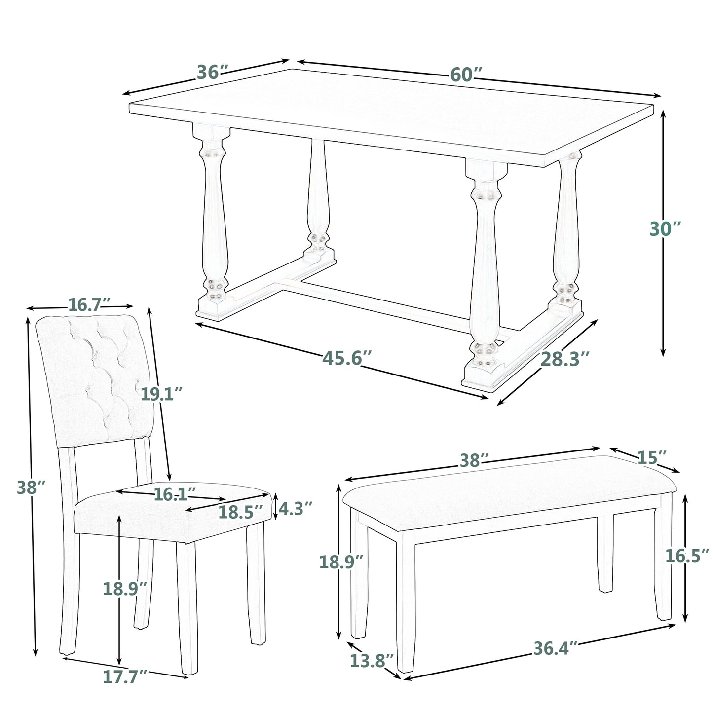 TREXM 6-Piece Dining Table and Chair Set with Special-shaped Legs and Foam-covered Seat Backs&Cushions for Dining Room (Gary)